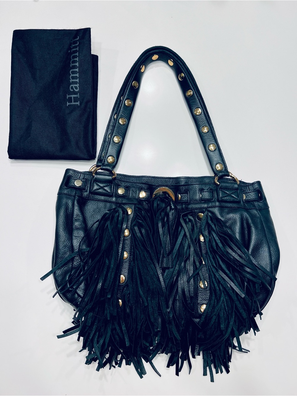 Hammitt Black Leather Fringe Shoulder Bag with Gold Hardware
